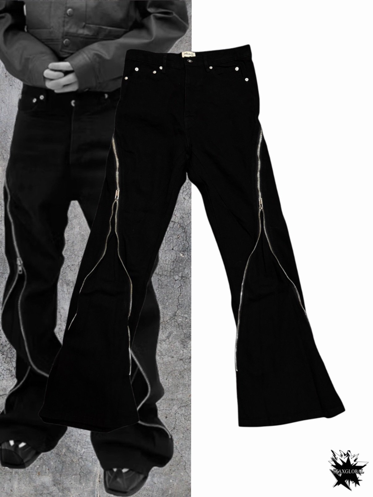 Staxglobal x Mijko Japan Denim Flared Jeans With Silver Zippers