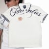 Vintage Black Script Graphic Embroidered Crest White Polo