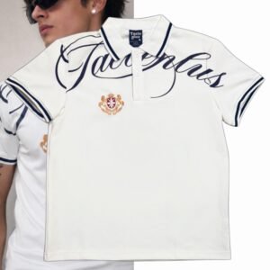 Vintage Black Script Graphic Embroidered Crest White Polo